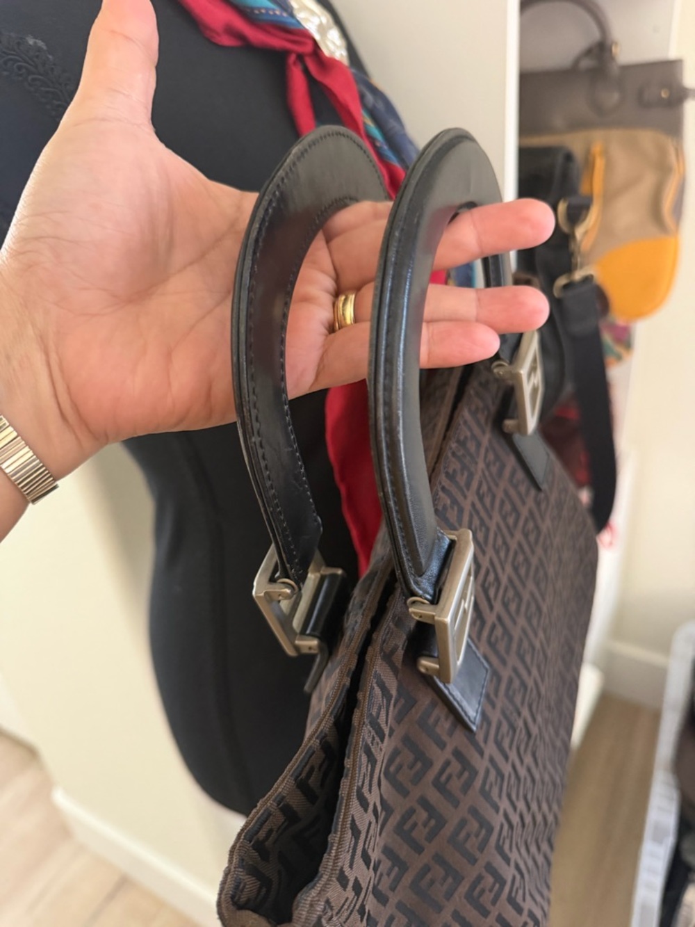 Fendi Brown Zucca Monogram Tote with Black Leather Handles - Picture 2 of 6